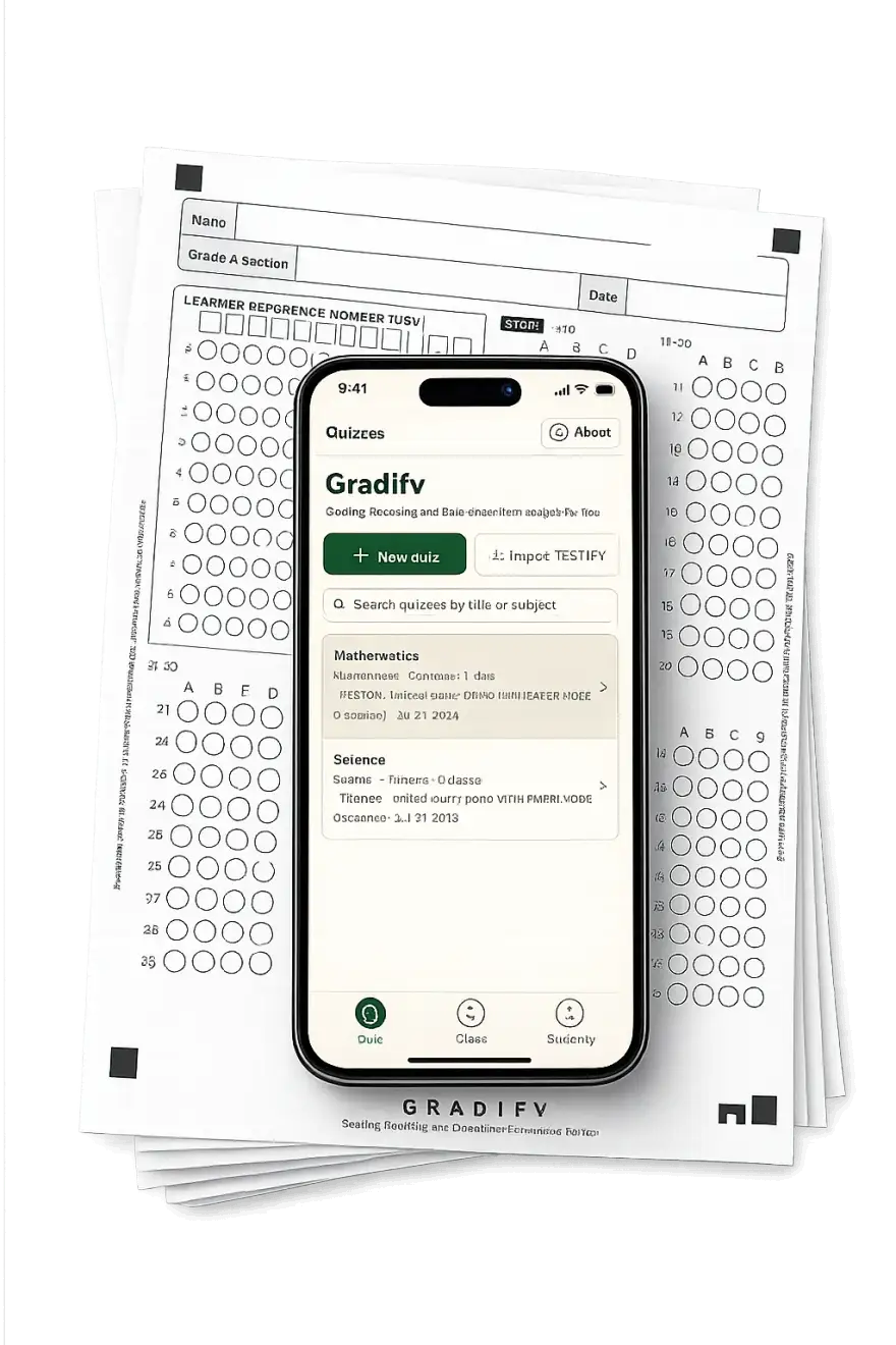 A phone running GRADIFY resting on a stack of bubble answer sheets