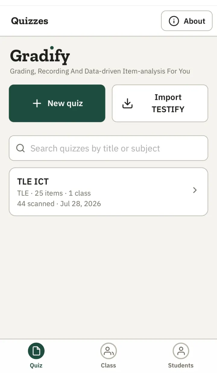 GRADIFY home screen — no login, straight to your quizzes, classes, and students (demo data)